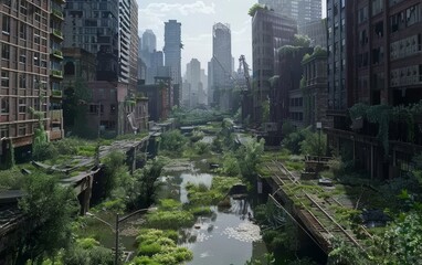 In a striking juxtaposition, a thriving, verdant ecosystem has taken over an urban landscape, with towering skyscrapers and decaying infrastructure now ensconced in a blanket of vibrant, vegetation.