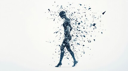 Fototapeta premium A figure made of fragmented shards appears to walk, symbolizing transformation and the intersection of technology and humanity.