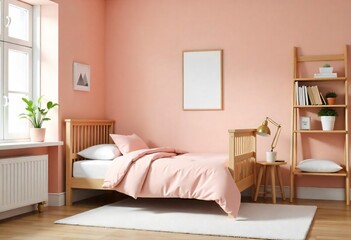 a pink bedroom with a pink bed and a picture on the wall.
