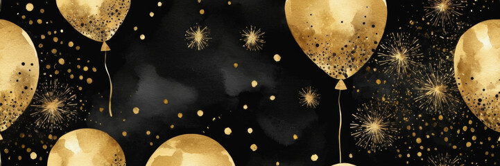 Fototapeta premium watercolor painting Gold and black balloons on black background with glitter. Background with negative space for celebration, black friday and new year.