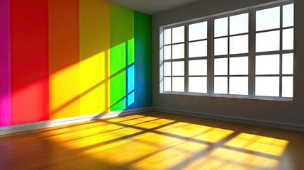 Colorful Rainbow Wall and Sunlit Room with Large Windows Showcasing Bright and Cheerful Atmosphere Ideal for Interior Design Inspiration or Creative Spaces