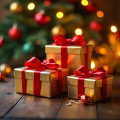 Obraz premium A festive red gift box with a golden bow, perfect for Christmas, birthdays, or any special occasion