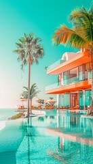 Obraz premium Luxurious tropical resort hotel with a vibrant swimming pool, offering a perfect summer