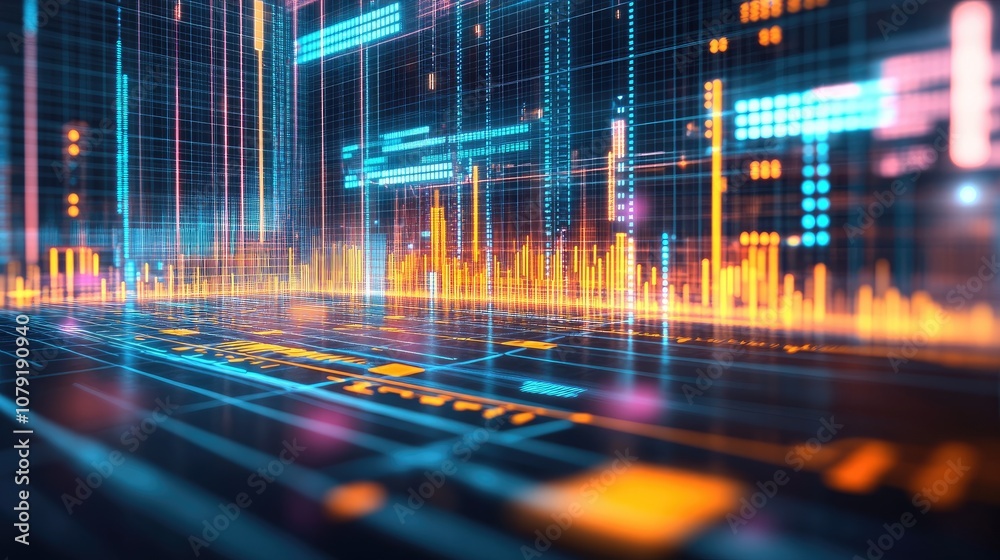 Poster futuristic data visualization with neon graphs and digital patterns representing modern technology a