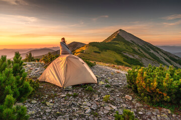 Young woman standing outside a tent at sunrise, wrapped in a sleeping bag and looking at the mountains during camping trip © XArt