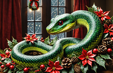 Obraz premium A green snake on a New Year's background. The snake is a symbol of the year 2025 according to the Chinese calendar.