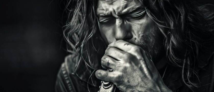 photo of a man with long hair playing the harmonica with evident enjoyment and passion, capturing