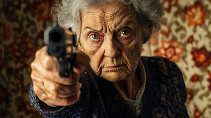 Portrait of a determined elderly woman holding a handgun and aiming forward, evoking themes of danger, protection, or defiance