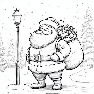 Santa Claus stands near a lamppost with his bag full of presents.