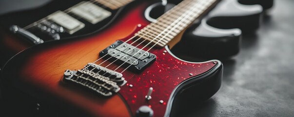 Fototapeta premium Close-up of electric guitar with red details, music concept