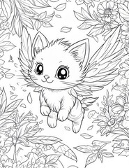 Cute cat with wings flying over flowers.