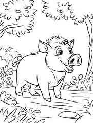 Obraz premium A cartoon pig in a forest coloring page