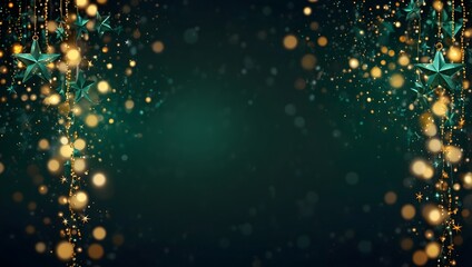 Dark teal background with gold string lights and star-shaped ornaments hanging down.

