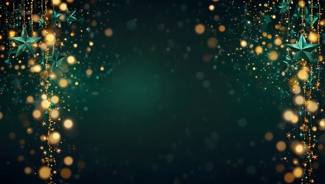 Dark teal background with gold string lights and star-shaped ornaments hanging down.


