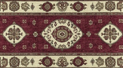 Intricate Vintage Carpet Design Featuring Rich Burgundy and Cream Colors with Floral and Geometric Patterns Perfect for Home Decor or Interior Design Projects