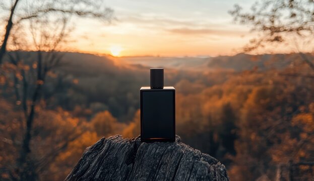 秋の夕暮れ時に見える香水瓶が豊かな自然の中に立つ風景