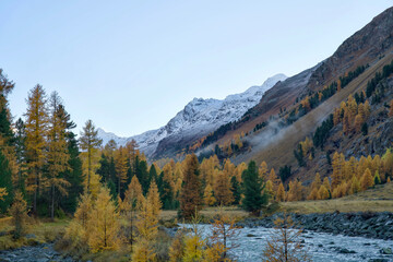 River through the Roseg Valley near Pontresina in the Alps of Graubünden in autumn