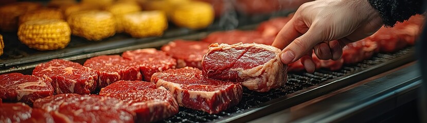 Obraz premium Close-up of a hand checking the doneness of a thick cut of meat on a grill.