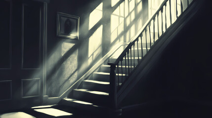 Fototapeta premium Dark mysterious staircase bathed in sunlight casting long shadows with chiaroscuro lighting in an old house. Chiaroscuro. Illustration