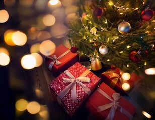 Regalos debajo del Arbol de Navidad con adronos y luces navideñas