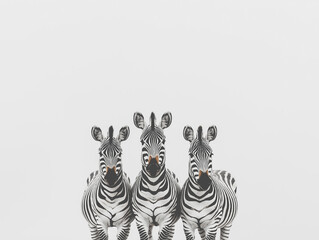 Fototapeta premium Three zebras lined up, each facing forward, with a clean and minimalist background, emphasizing pattern and nature in symmetry. Strong visual impact with black and white contrast.