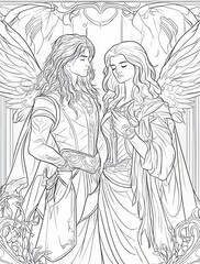 A coloring page of two angels.