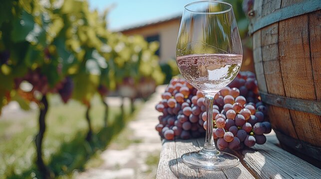 Ros Wine Glass Grapes Vineyard Summer Sun Winery