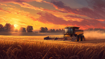 Fototapeta premium A combine harvester harvests golden wheat in a vast field while a tractor assists. The agricultural scene glows beautifully in the sunset, symbolizing a bountiful harvest.