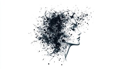 A stylized illustration of a woman's profile, with an explosion of ink splatters symbolizing creativity and artistic expression.