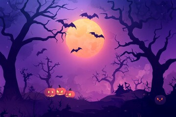 Night Halloween scene with full moon, pumpkins, bare trees and bats creating an eerie atmosphere