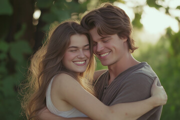 Fototapeta premium Young couple hugging outdoors in a nature setting, both laughing, symbolizing joy and carefree moments in love and friendship.