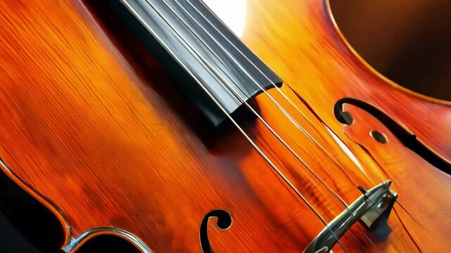 A close up of a violin with a dark brown finish. The instrument is a cello. Concept of elegance and sophistication, as the rich color of the instrument and its intricate design make it a beautiful