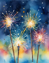 watercolor painting New Year's Eve sparklers and bokeh lights