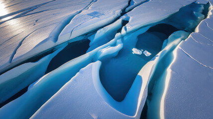 Aerial view of breathtaking icy landscape with striking blue meltwater pools among white ice formations, showcasing the beauty of winter nature.