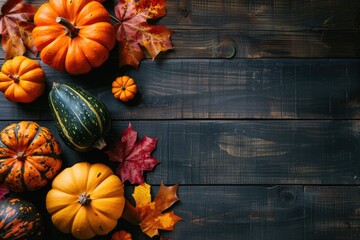 Thanksgiving Day Card. Happy Thanksgiving Greeting Text with Colorful Pumpkins and squash over Dark Wooden Background