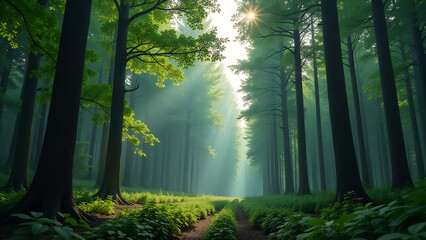 Naklejka premium Dense forest view capturing trees in various life stages - from saplings to towering mature trees - wide format