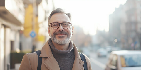 A cheerful mature man with glasses, wearing a stylish coat, smiling outdoors in a city street. His confident look reflects positivity and urban lifestyle.