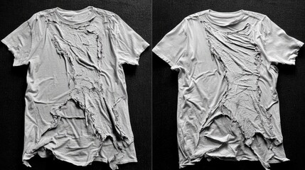 Distressed and Torn White T-Shirt Displaying Unique Texture and Artistry in Fabric, Highlighting Wear and Tear with Artistic Flair in a Monochrome Palette