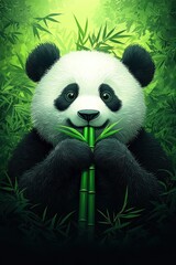 A cute panda happily munching on bamboo, surrounded by lush greenery, creating a serene and vibrant atmosphere.