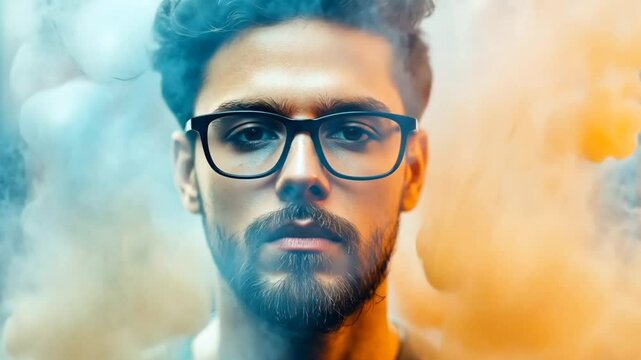 Man's head surrounded by swirling blue and yellow smoke, symbolizing a whirlwind of ideas