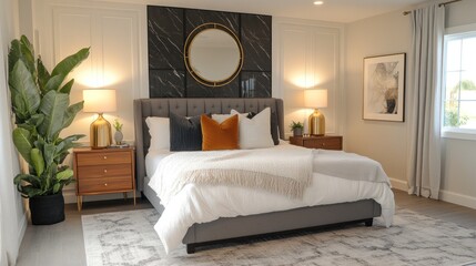 Fototapeta premium Modern bedroom with a gray upholstered bed, white bedding, a large round mirror, and a plant.