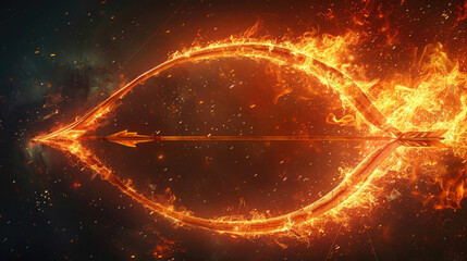 bow with a burning arrow, orange flame on a black background, astrological sign, oval