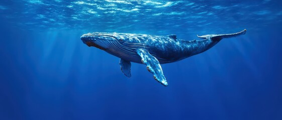 Fototapeta premium A majestic whale glides gracefully through the clear blue ocean, showcasing its magnificent size and beautiful spotted skin.