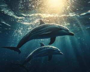 Fototapeta premium Two dolphins swim gracefully underwater, illuminated by the soft glow of sunlight filtering through the surface, capturing the beauty of marine life.