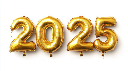 Happy New Year 2025 celebration, metallic Golden Yellow foil color balloons. Extend warm wishes for a Happy New Year and Merry Christmasisolated on white background.