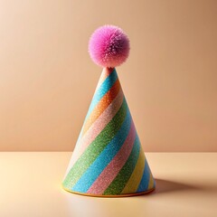Colorful glitter party hat with pom-pom on pastel background