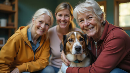A group of enthusiastic seniors volunteering at a local animal shelter, giving back to their community