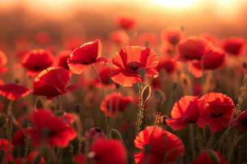 Red poppy field with sun in background.