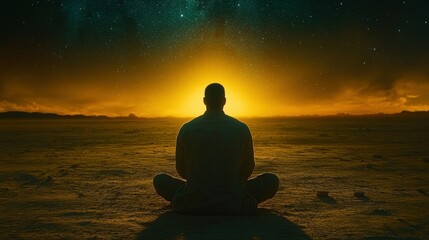A figure sits cross-legged on the ground, meditating as the sun rises on the horizon, illuminating the desert with golden light and stars in the background