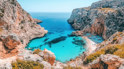 Breathtaking View of Crystal Clear Waters and Rocky Coastline in a Serene Bay Surrounded by Lush Greenery and Majestic Cliffs Under a Clear Blue Sky